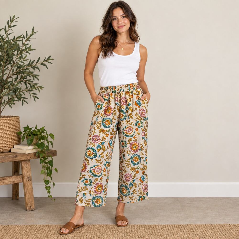 Christian Sirano colorful floral linen blend wide leg pants XL Beachy boho
